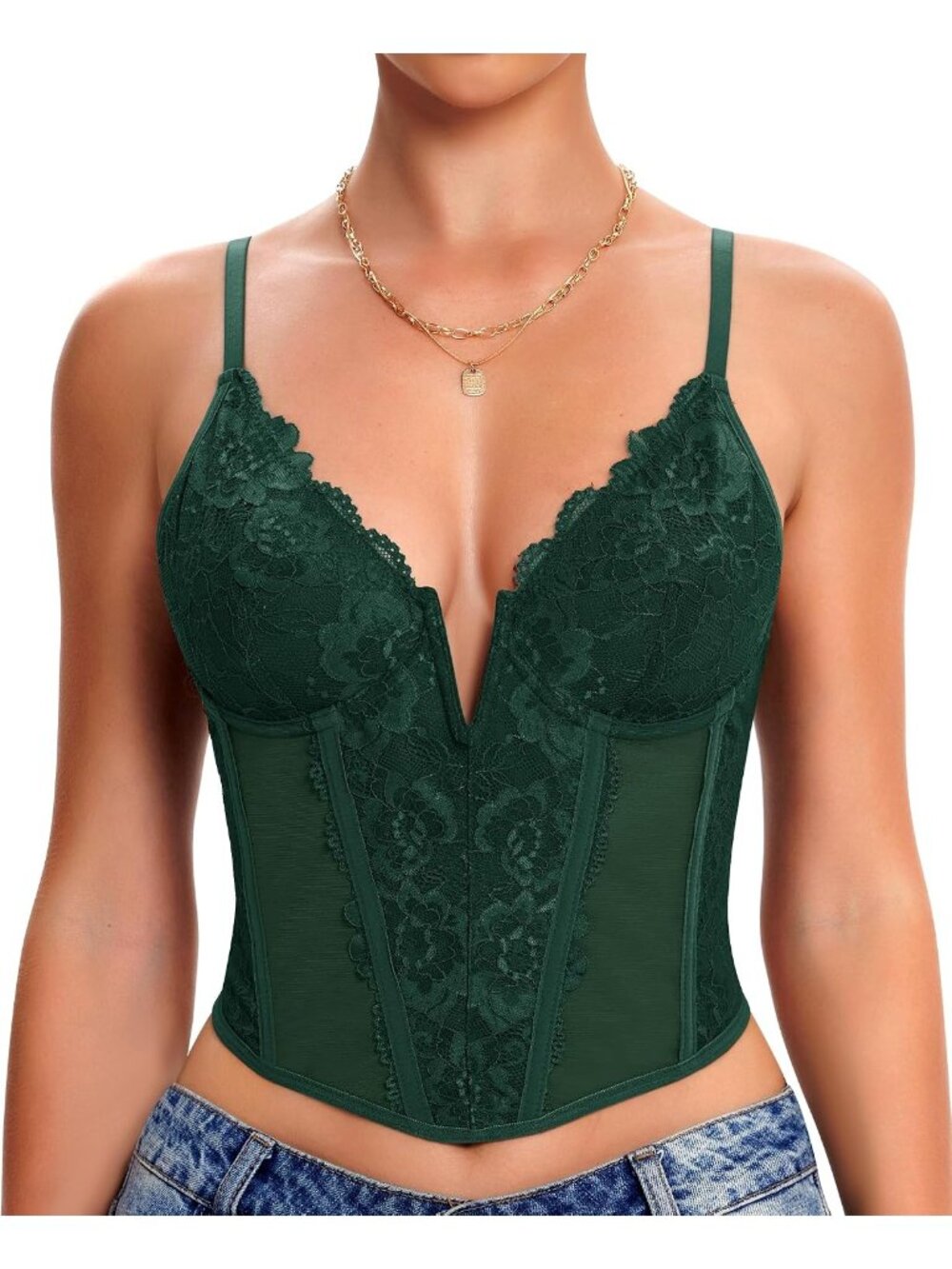 Women's Green V-neck Boned Bodice 3-row Back Hook Underwire Mesh Lace Corset Top